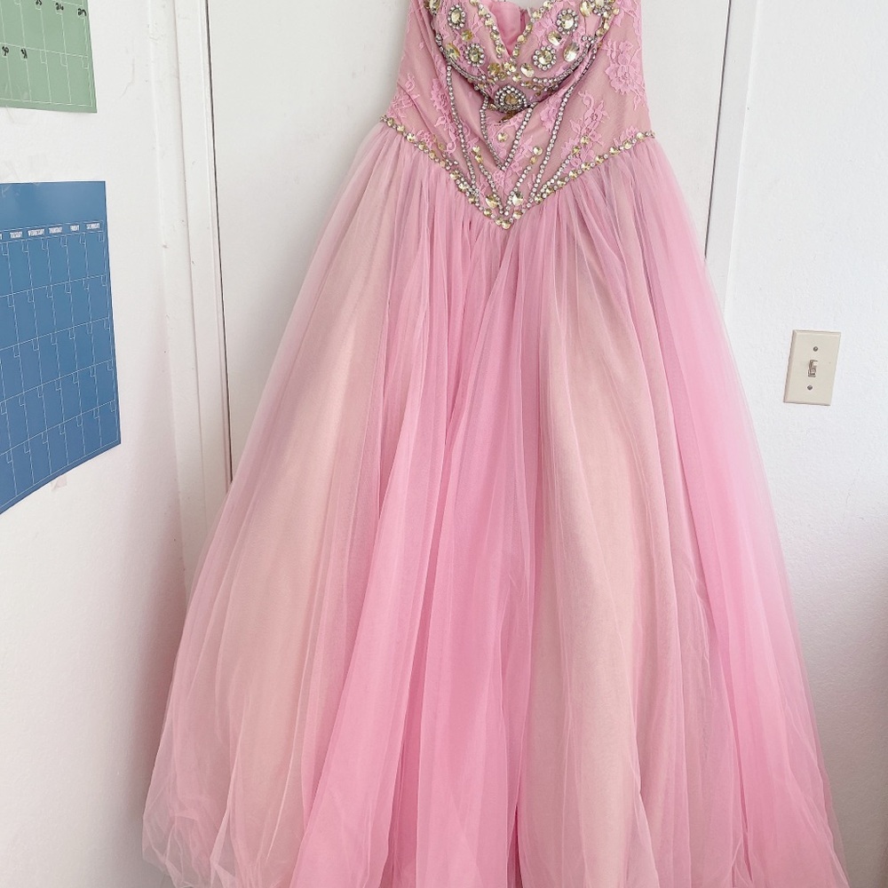 PINK BLUSH SOFT CRYSTAL LACE SHERRI HILL PRINCESS WEDDING PROM BALLGOWN SIZE 12 - Picture 13 of 16